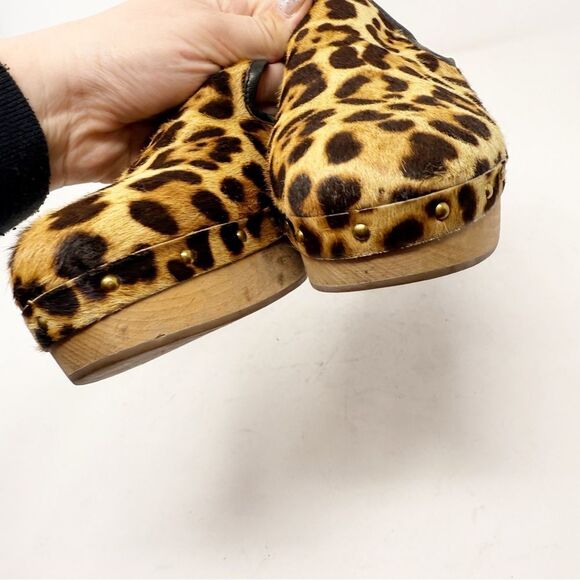 J. Crew Calf Pony Hair Cheetah Leopard Print Wooden Clogs Size 6 - Picture 5 of 9